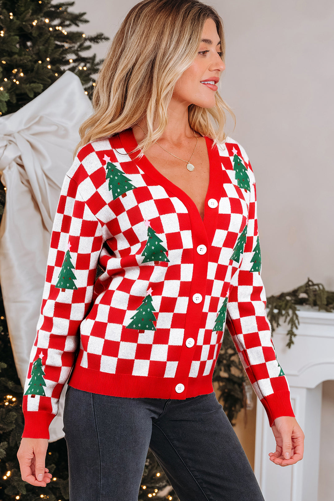 Checkered Christmas Tree Pattern Button V Neck Cardigan Sweater