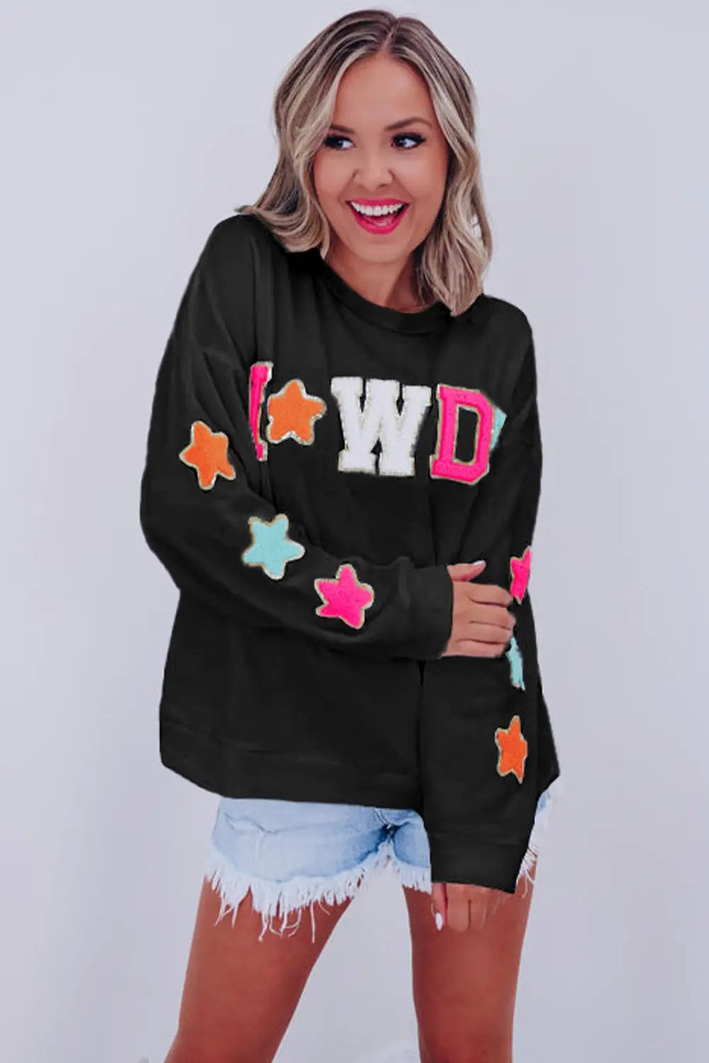 Black Howdy Glitter Chenille Patch Graphic Casual Sweatshirt -