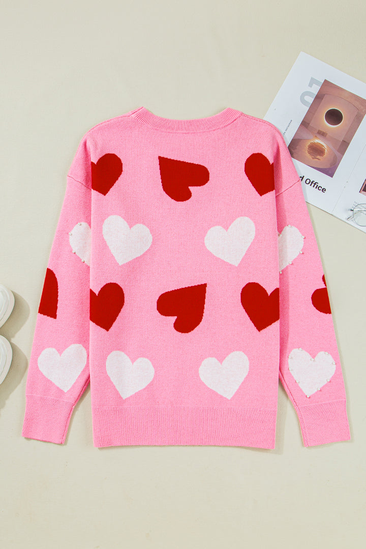 Pink Pearl Embellished Heart Pattern Valentines Day Sweater
