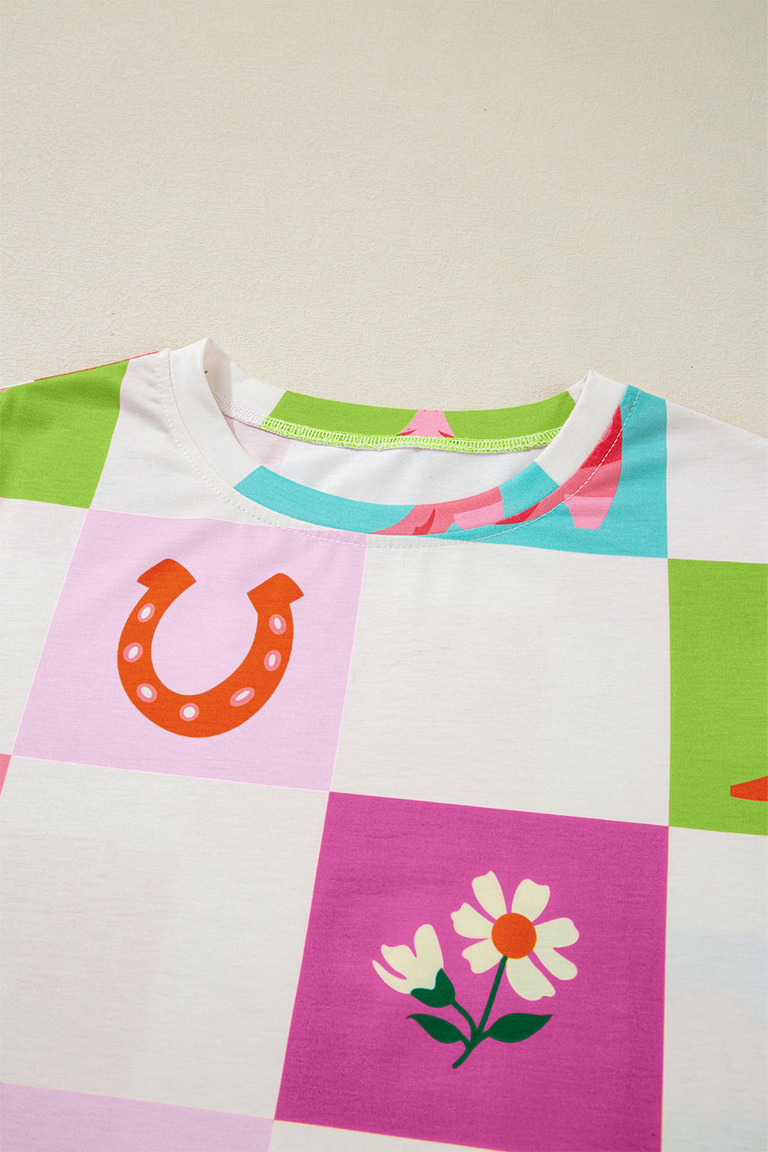 Western Fashion Checker Print Crewneck T Shirt