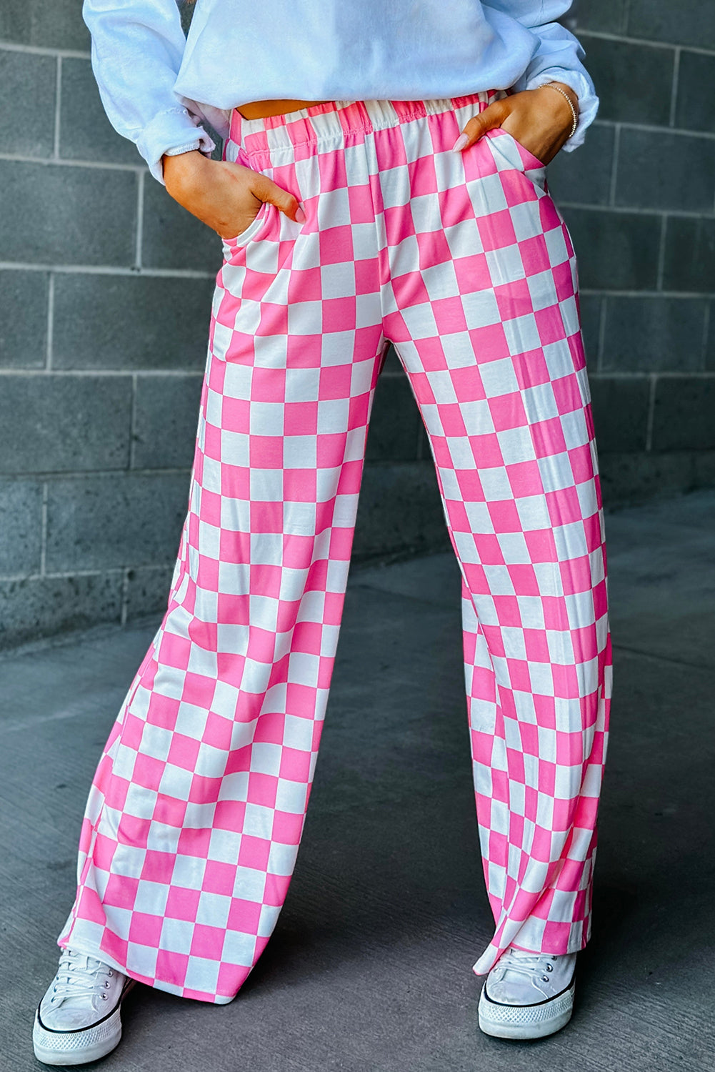 2-Tone Checked Print High Waist Wide Leg Pants