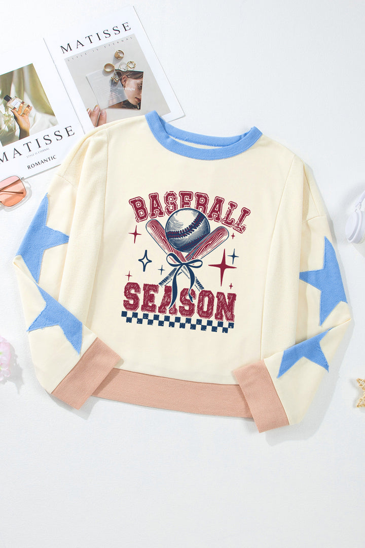 Beige BASEBALL SEASON Graphic Star Patched Game Day Sweatshirt