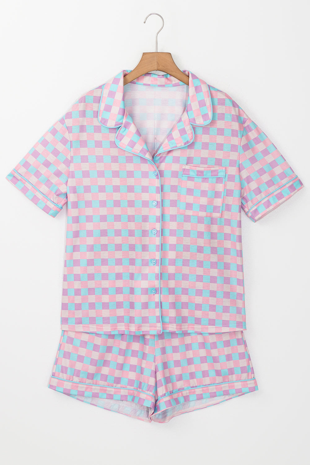 Flat lay of Purple Checkered Pattern Short Sleeve Pajamas Set on hanger, showcasing pastel checkered design and short sleeve top.