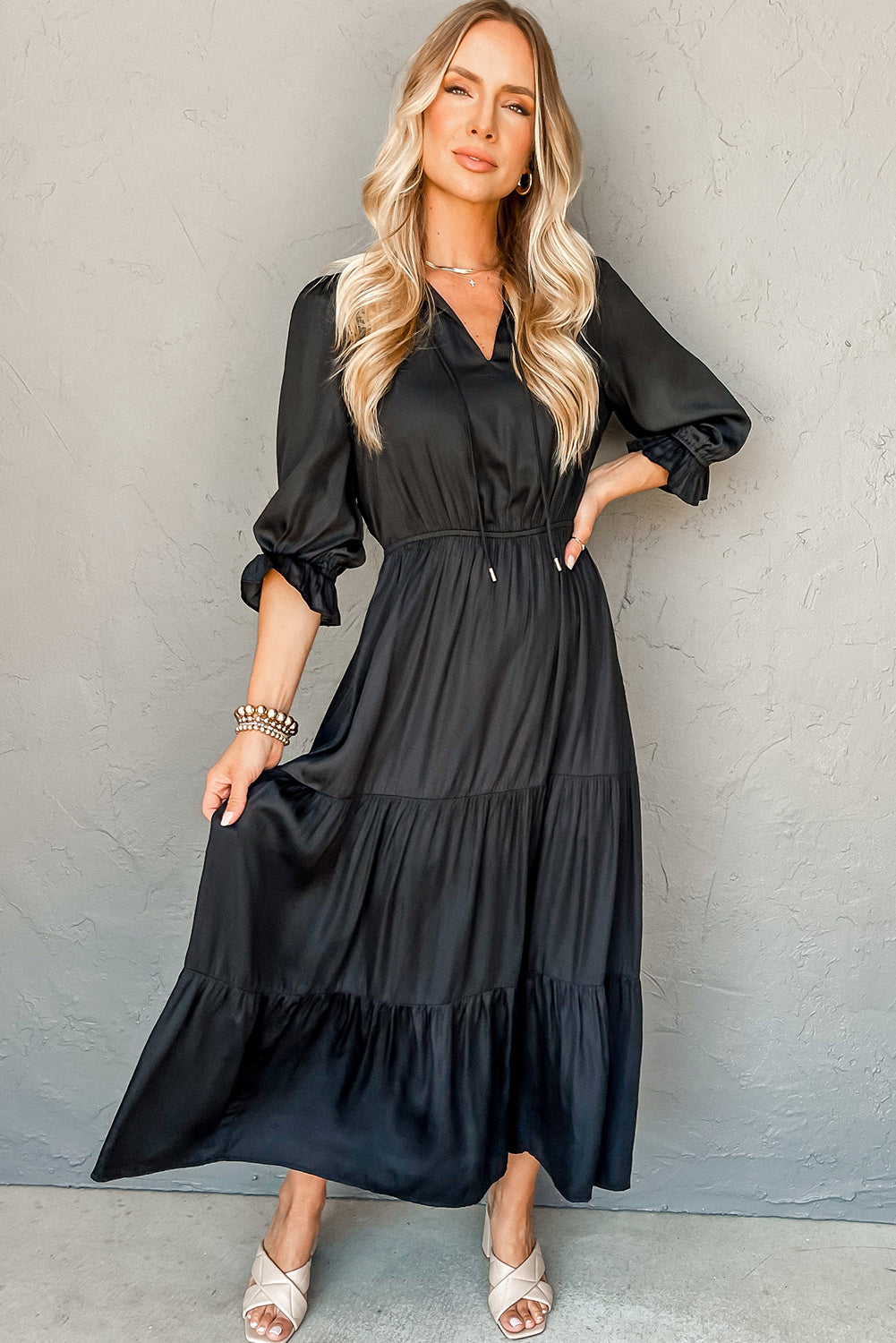 Black Flounced Bracelet Sleeve V Neck Tiered Maxi Dress
