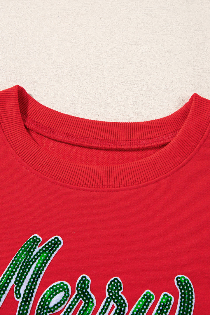 Close-up of neckline on Red Merry Christmas Crewneck Drop Shoulder Loose Sweatshirt, showcasing ribbed collar detail, shop at Faith & Co. Boutique.