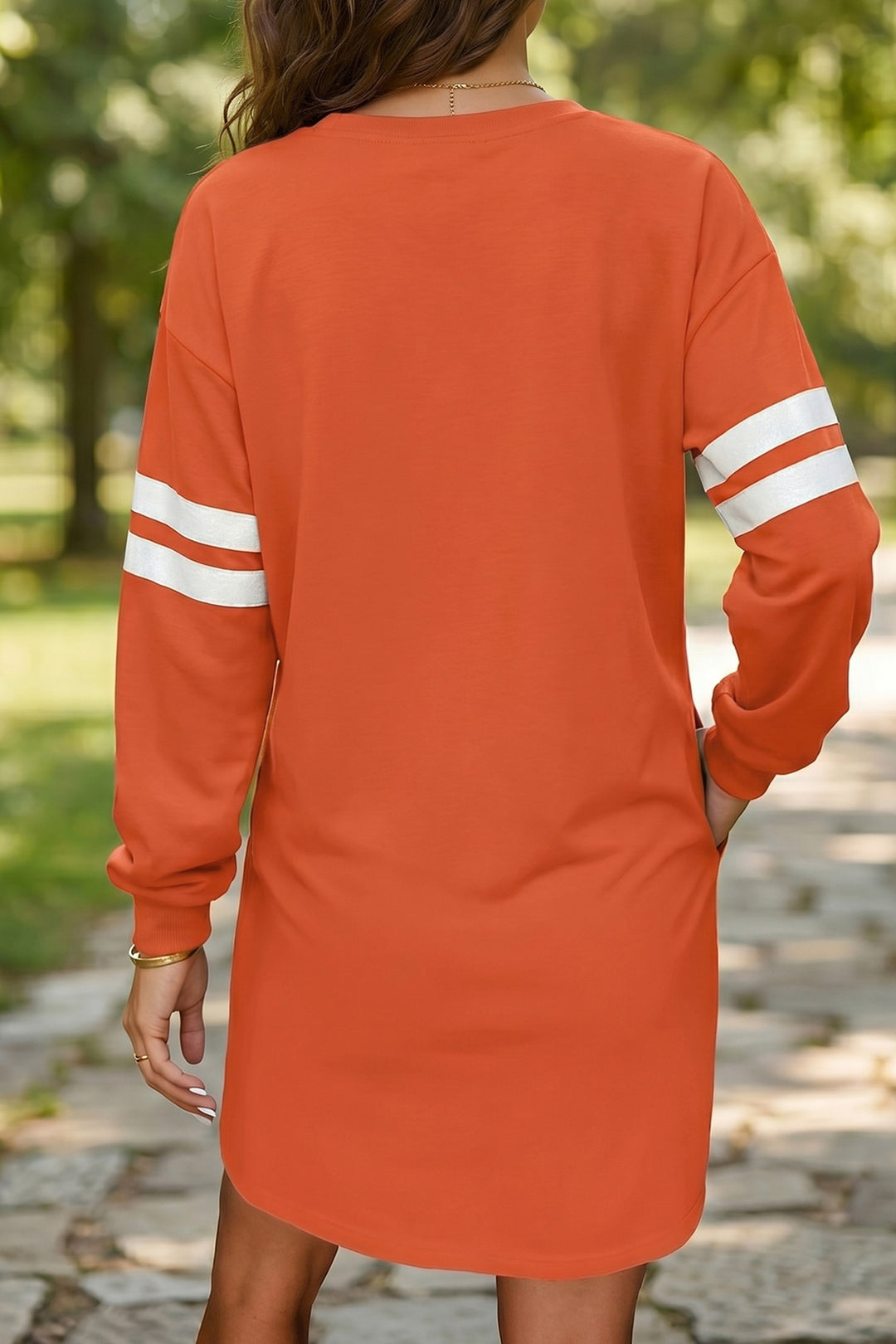 Orange Leopard Print Pumpkin Graphic Varsity Striped Long Sleeve Tunic Dress