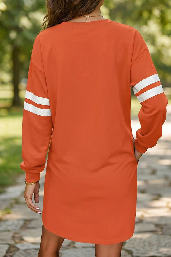 Orange Leopard Print Pumpkin Graphic Varsity Striped Long Sleeve Tunic Dress