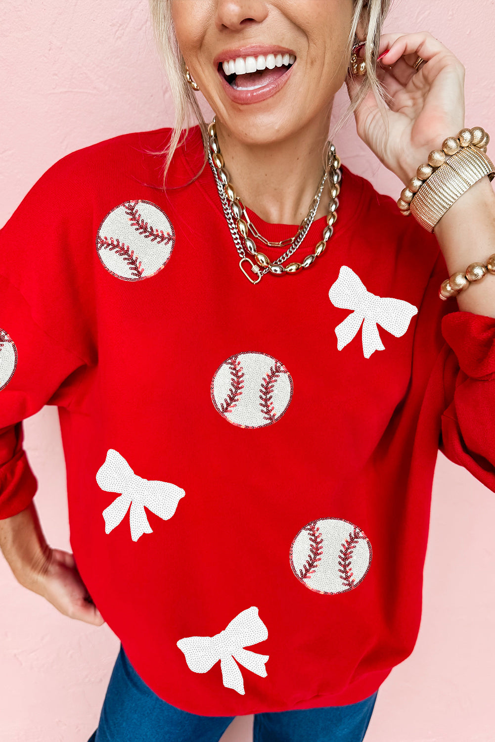 Red Sequin Baseball Bow Patched Pattern Game Day Pullover Sweatshirt