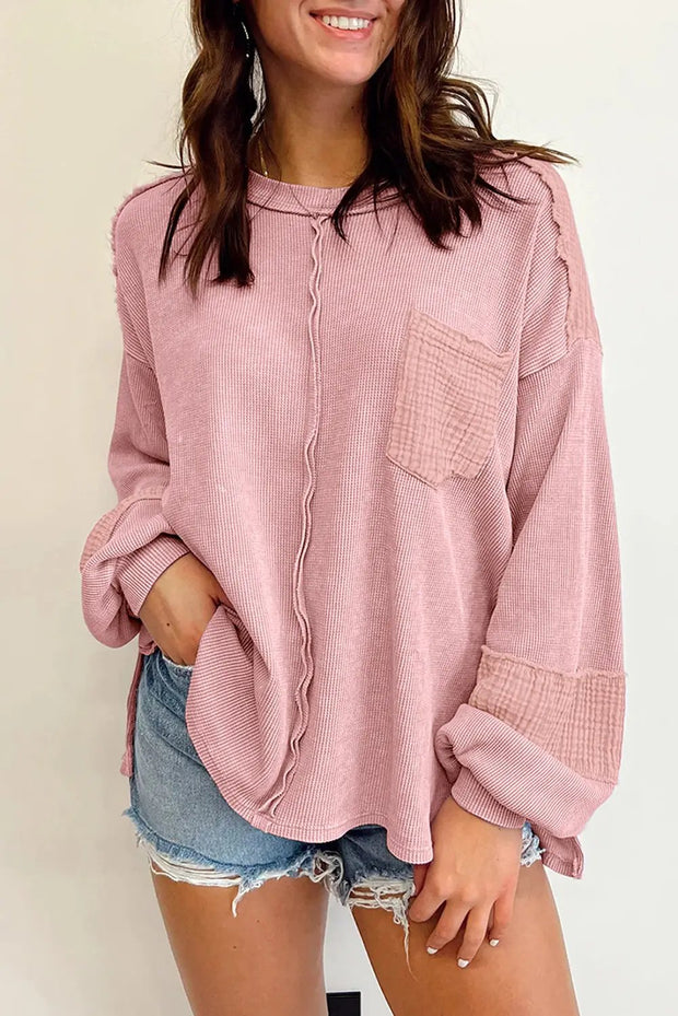 Pink Exposed Seam Patchwork Bubble Sleeve Waffle Knit Top - Pink / 2XL / 62.7%Polyester+37.3%Cotton
