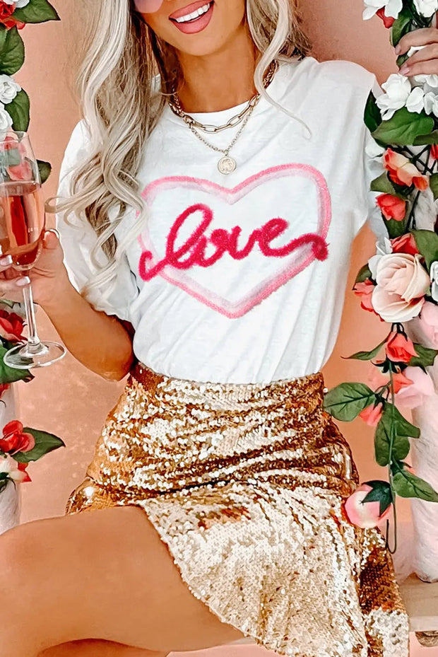 White Love Heart Tinsel Valentine Crewneck T-shirt - White / L
