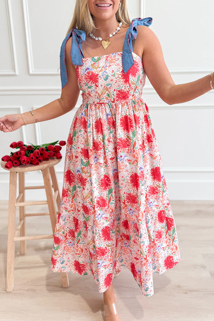 Floral Print Contrast Stitched Knot Denim Straps High Waist Dress