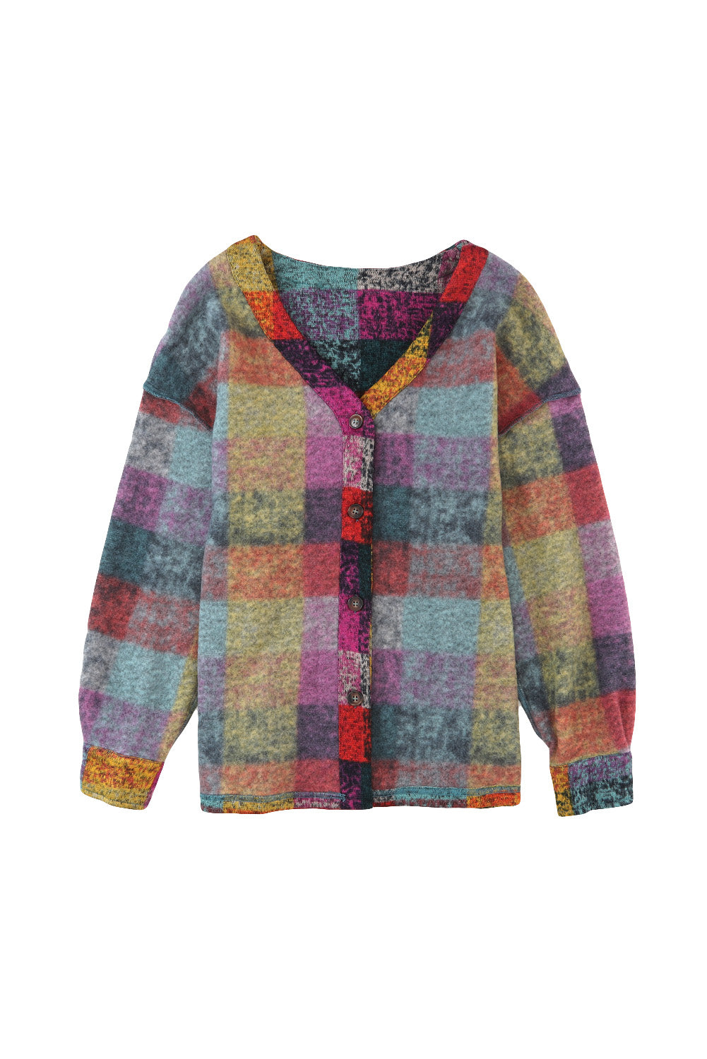 a child's sweater with a colorful plaid pattern