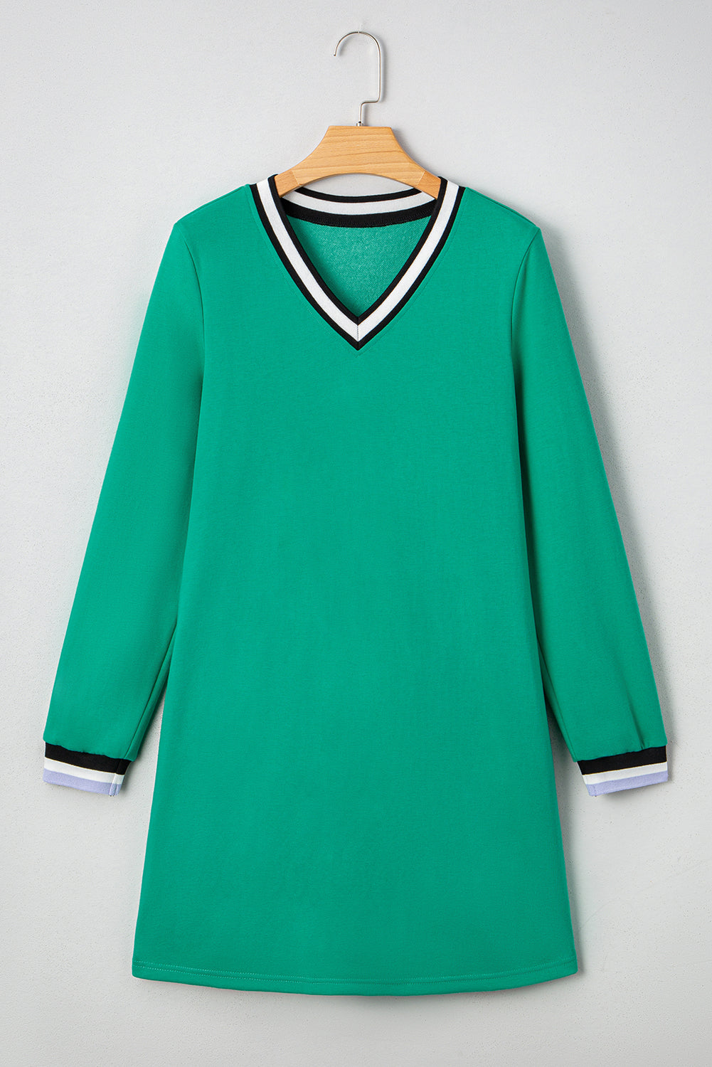 Varsity Contrast Stripe V-Neck Long Sleeve Pocket T-Shirt Dress - Sunny Angela Mint Green / S Varsity Contrast Stripe V-Neck Long Sleeve Pocket T-Shirt Dress - Sunny Angela Mint Green / S