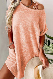 Pink Loose Fit Pockets Short Sleeve Beach Cover Up -