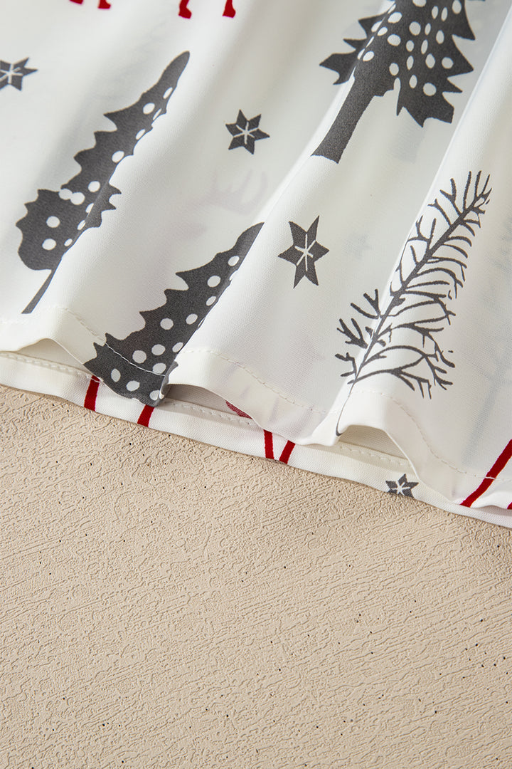 White Christmas Fashion Print Velvet Trim Bow Knot Pajama 2pcs Short Set