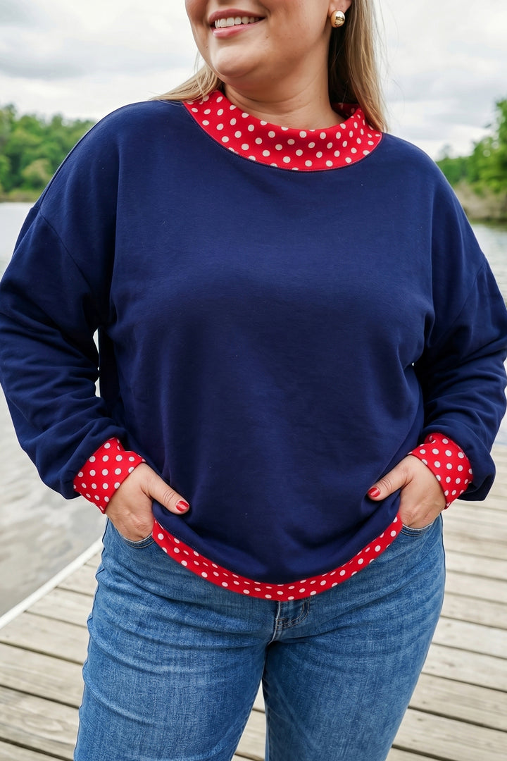 Racing Red Polka Dot Patchwork Round Neck Plus Size Sweatshirt