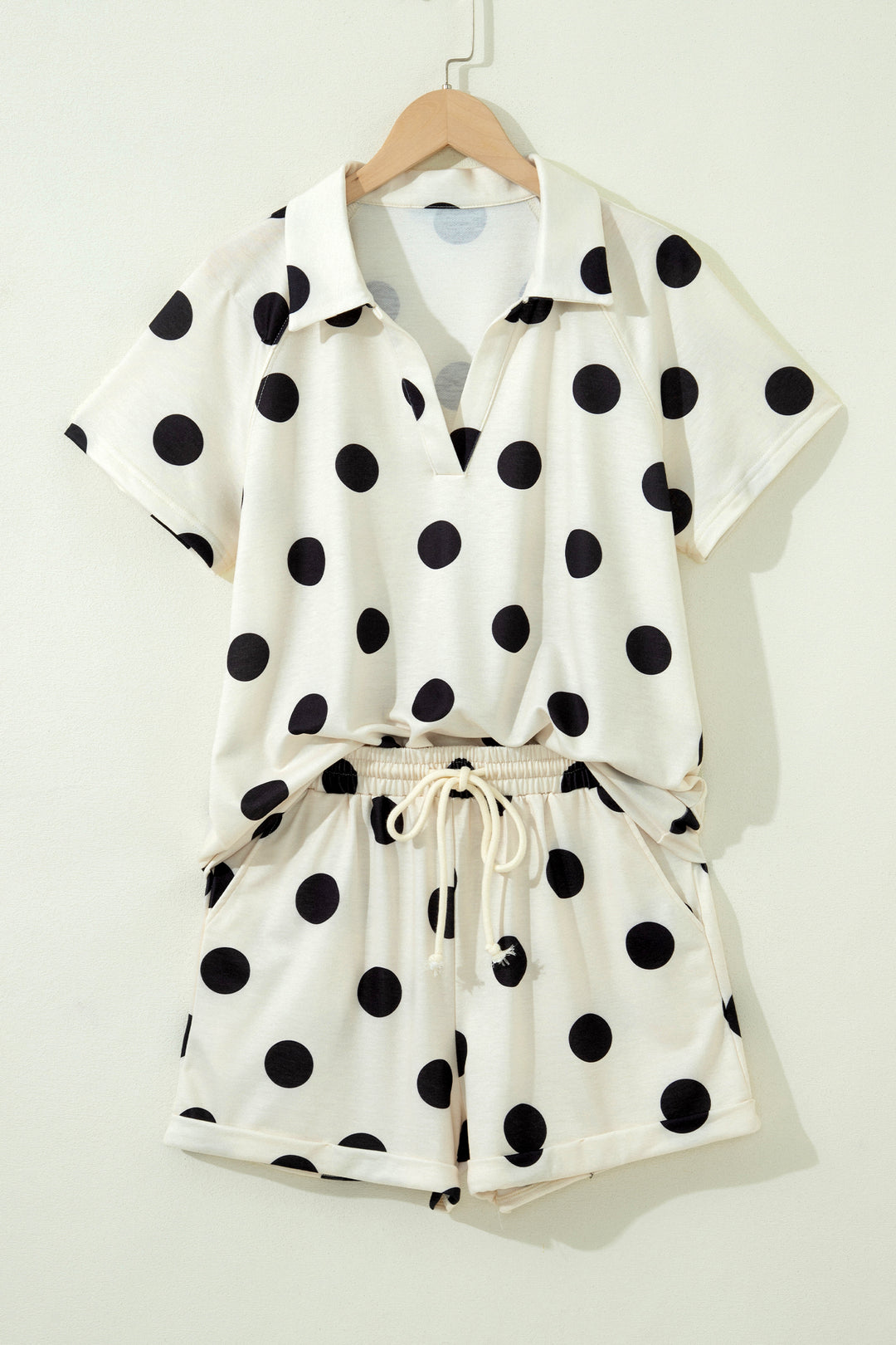 Polka Dot Print V Neck Tee Short Set