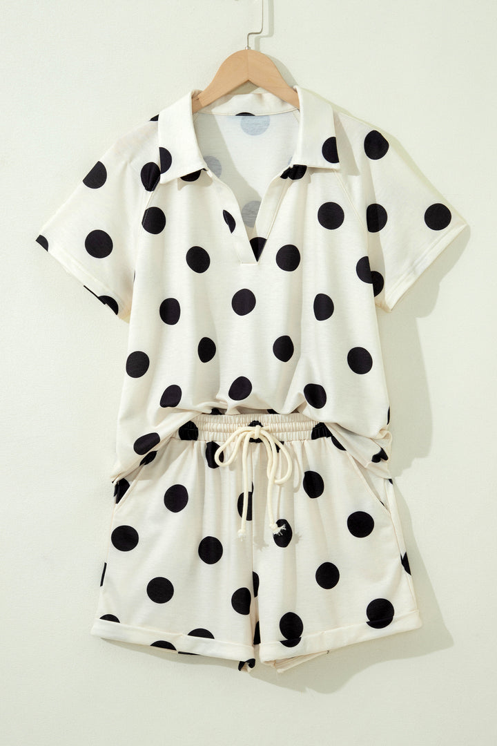 Polka Dot Print V Neck Tee Short Set