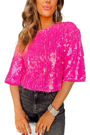 Bright Pink Sequins Round Neck Half Sleeve Top -