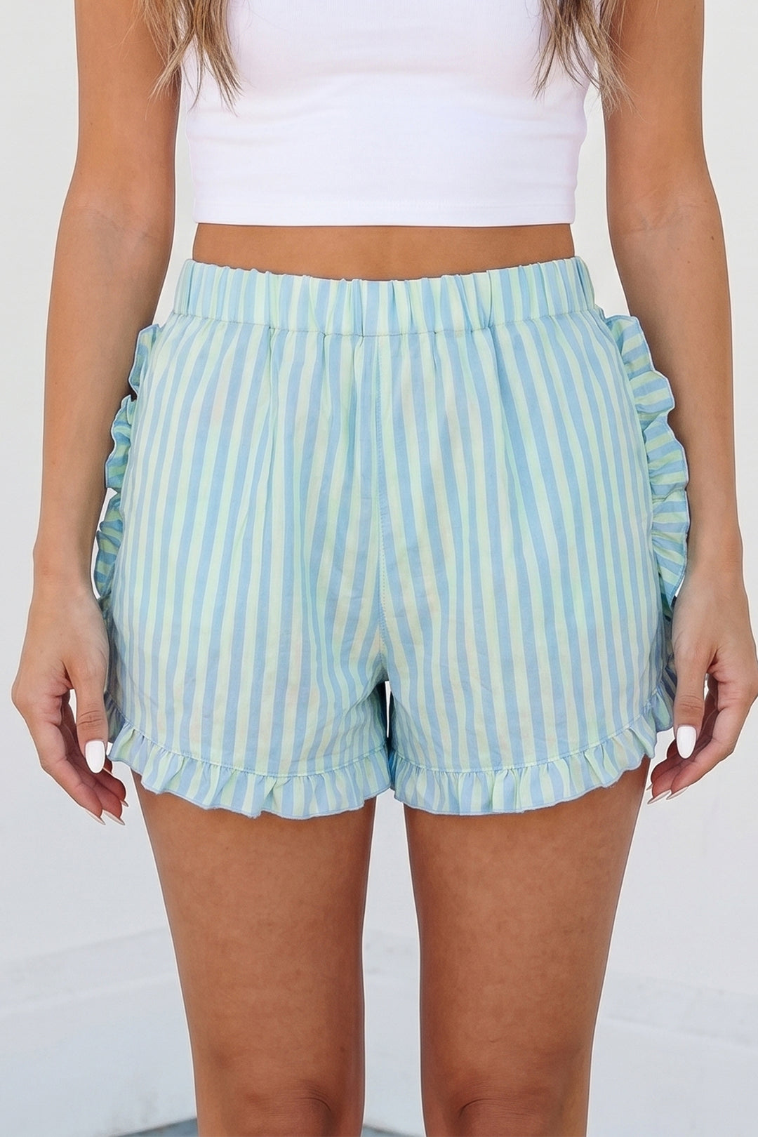 Stripe Elastic Waist Ruffle Trim Casual Shorts