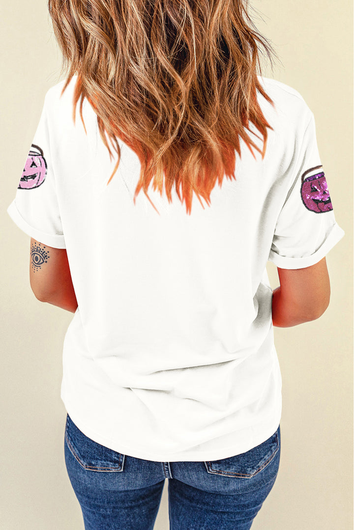 White Sequin Pumpkin Face Patched Crew Neck Holiday T Shirt