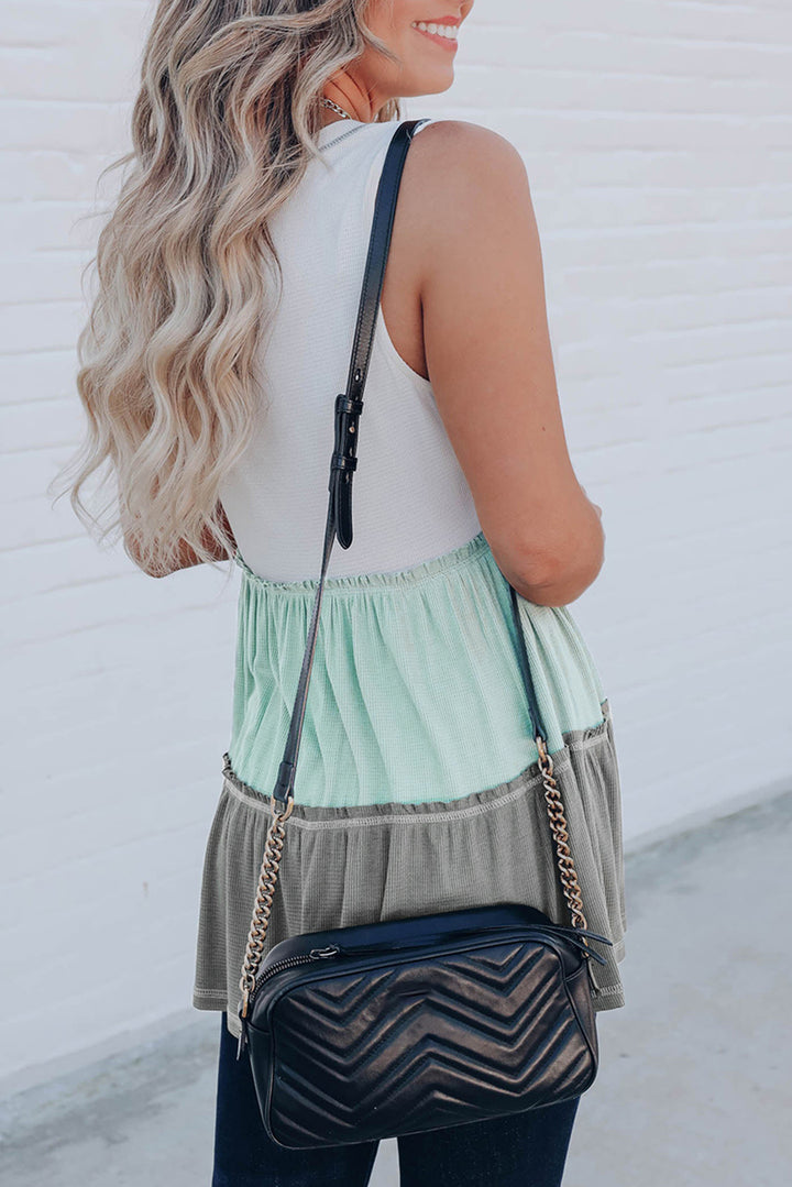 Green Ruffled V Neck Color Block Tank Top