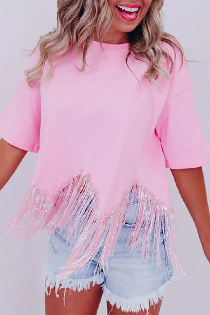 Pink Fringe Sequin Hem Cropped T-shirt - Pink / L