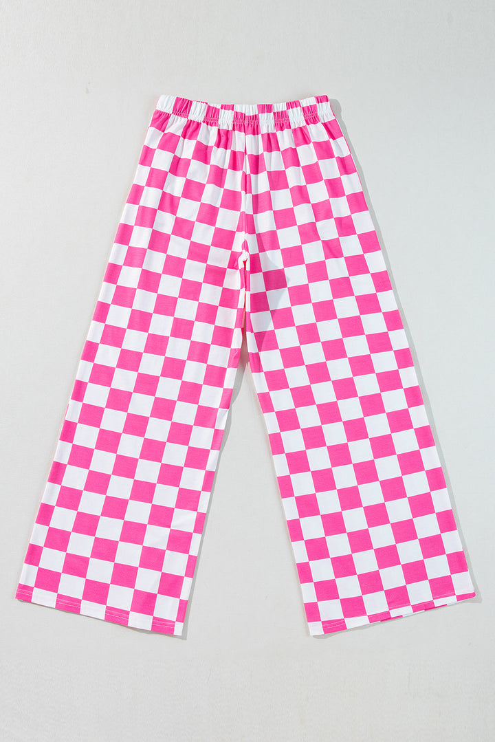 2-Tone Checked Print High Waist Wide Leg Pants