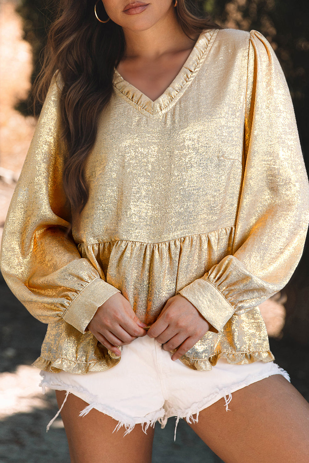 Faith & Co. Boutique's Gold Metallic Frilled V Neck Puff Sleeve Babydoll Blouse, ideal for daily wear with a Southern Belle style.