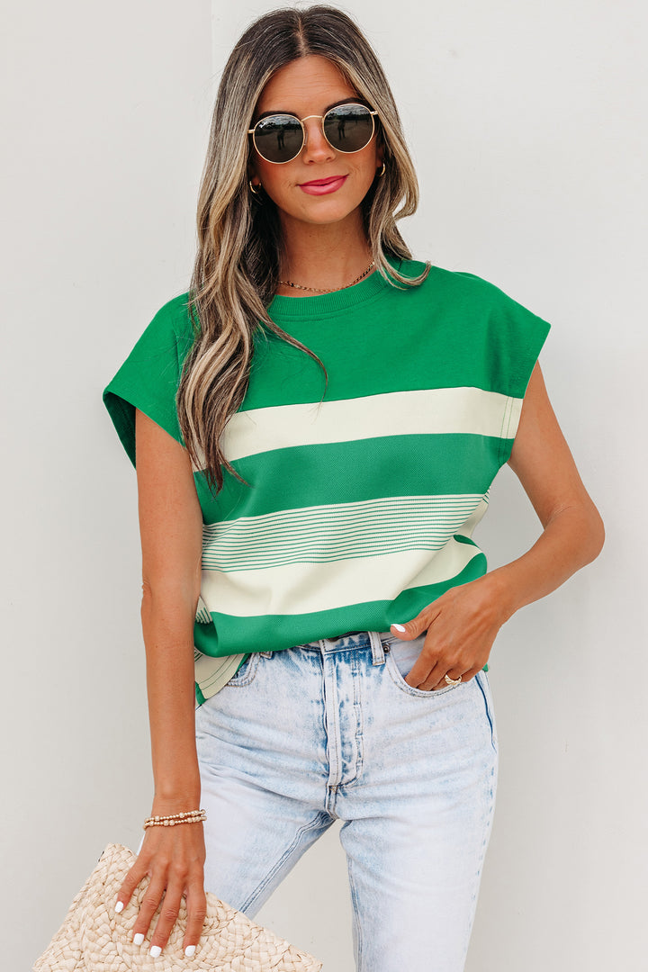 Stripe Mixed Print Crew Neck Cap Sleeve T Shirt