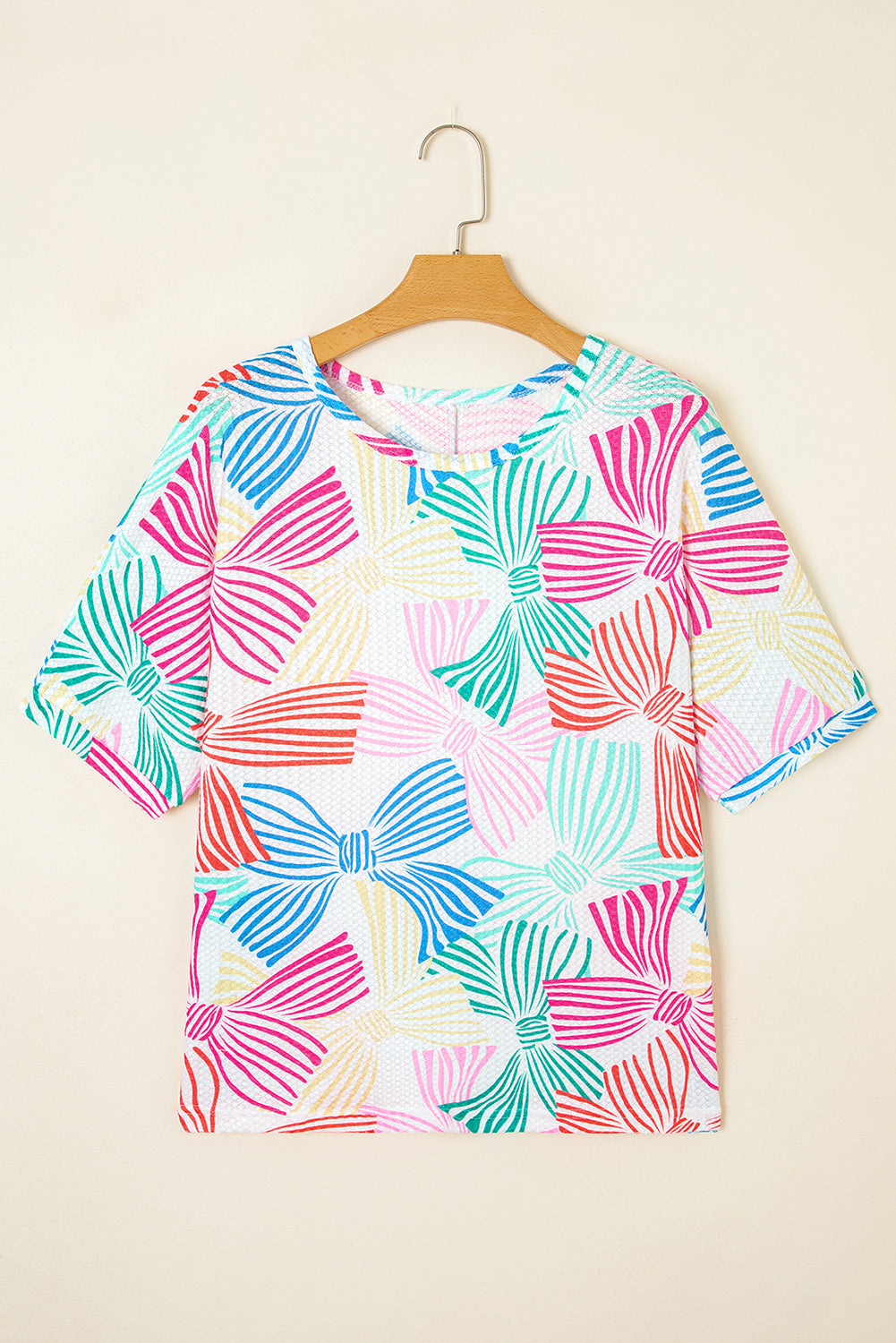 Bowknot Printed Waffle Crewneck Loose Short Sleeve Top