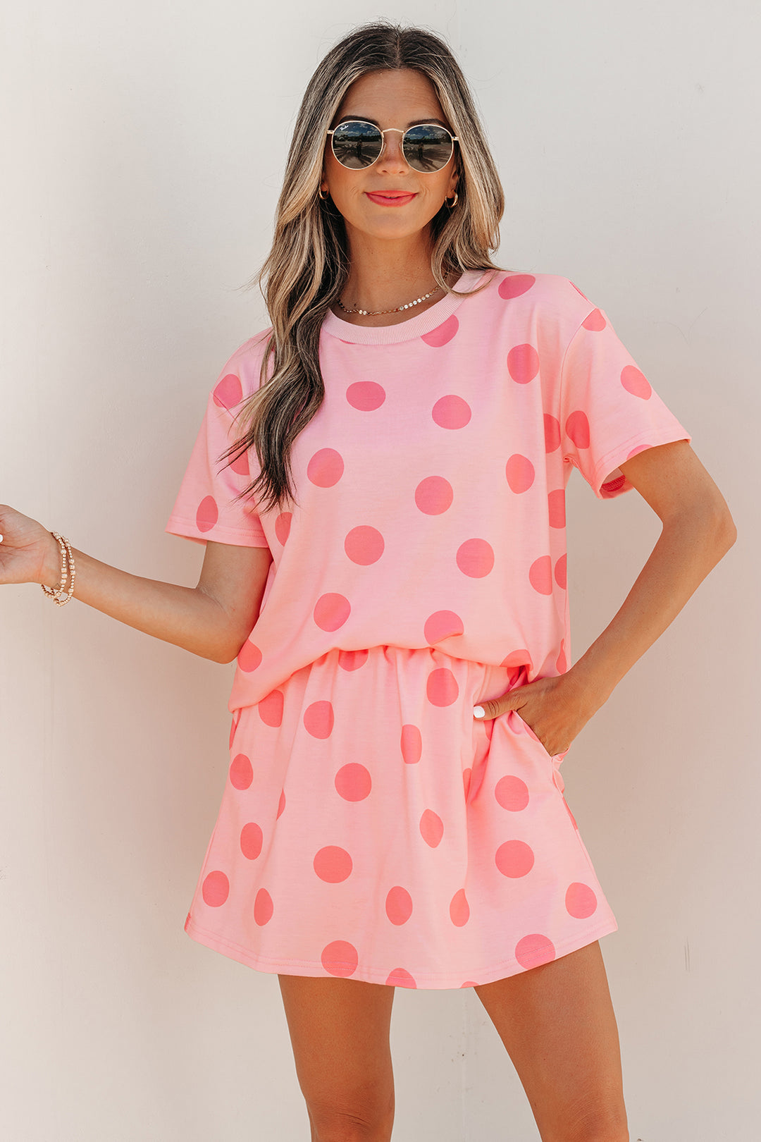 Polka Dot Short Sleeve Top Casual Skort 2pcs Outfit