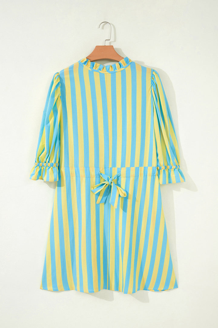 Stripe Half Button Puff Sleeve Loose Mini Dress