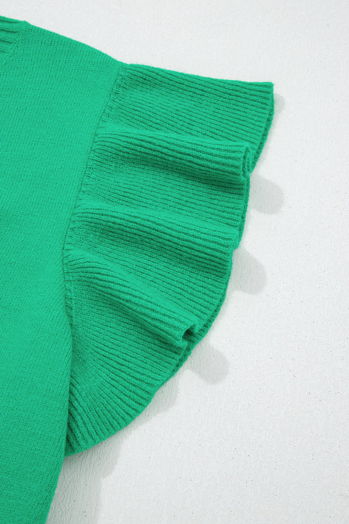Solid Color Ribbed Trim Round Neck Ruffle Short Sleeve Sweater