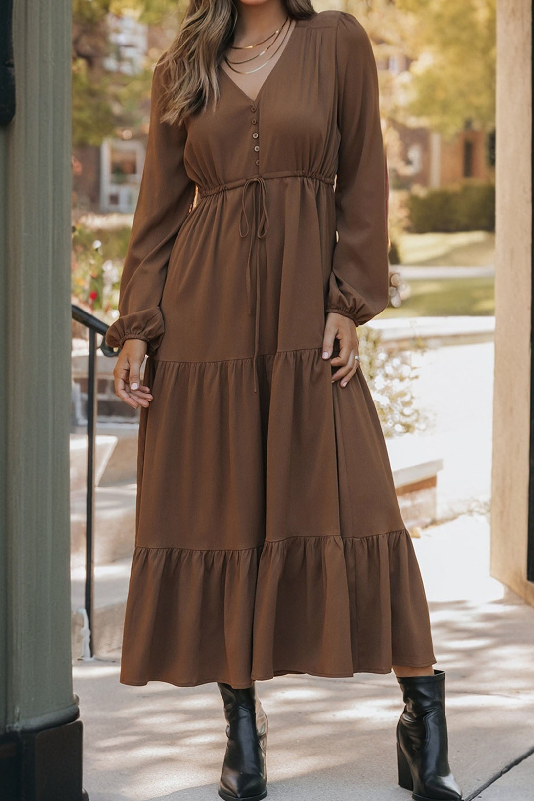 Sybaritic Boutique | Burgundy Solid Long Sleeve Button V Neck Tiered Maxi Dress, Chestnut / M / 100%Polyester Sybaritic Boutique | Burgundy Solid Long Sleeve Button V Neck Tiered Maxi Dress, Chestnut / M / 100%Polyester