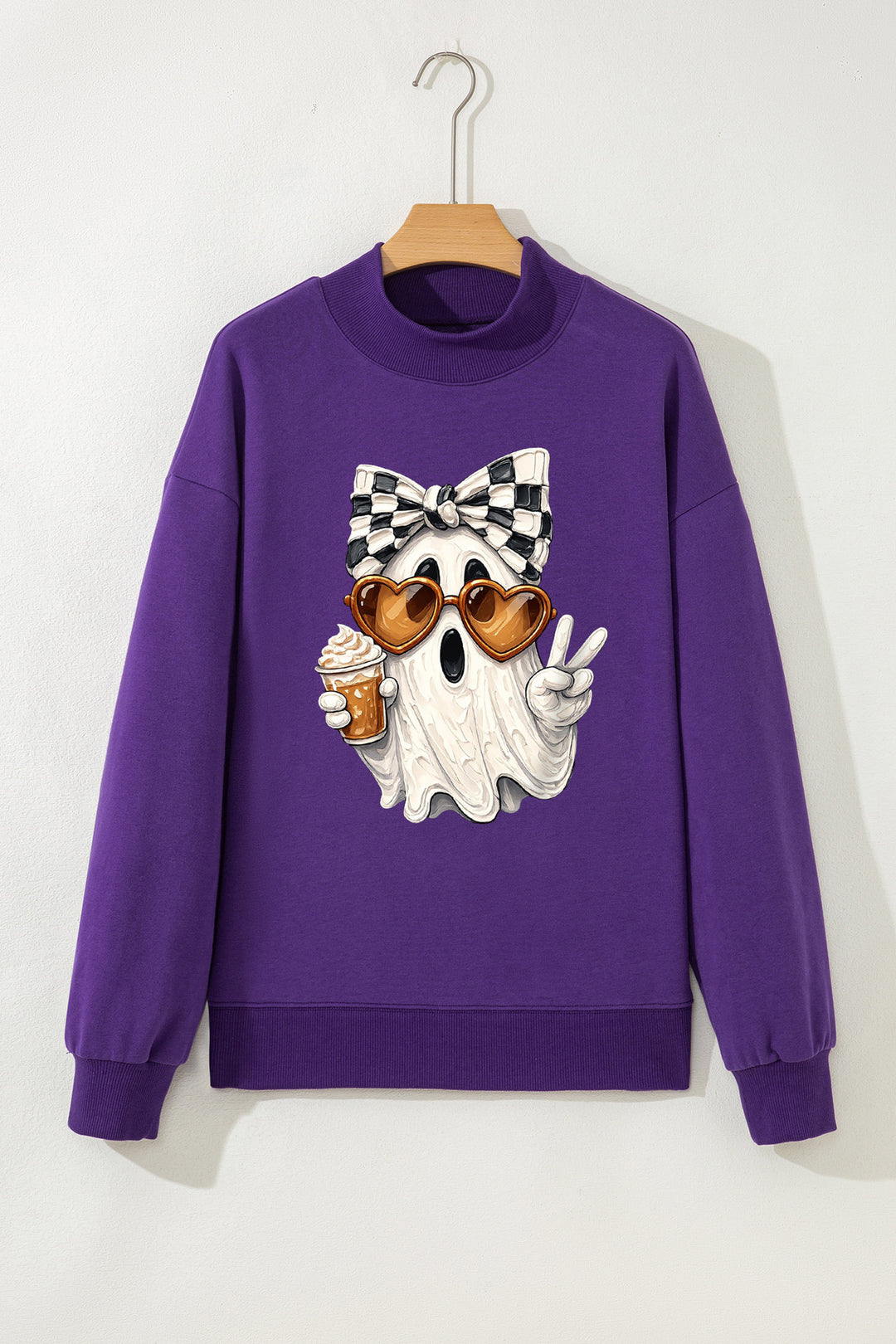 Tillandsia Purple Cute Ghost Print Pullover Mock Neck Sweatshirt