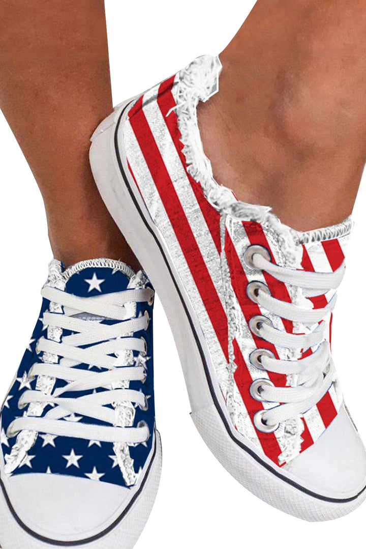a woman's legs with red, white and blue shoes