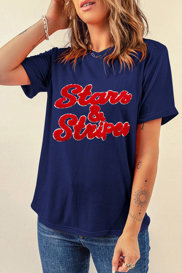 Blue Chenille Stars & Stripes Patched Graphic T Shirt -