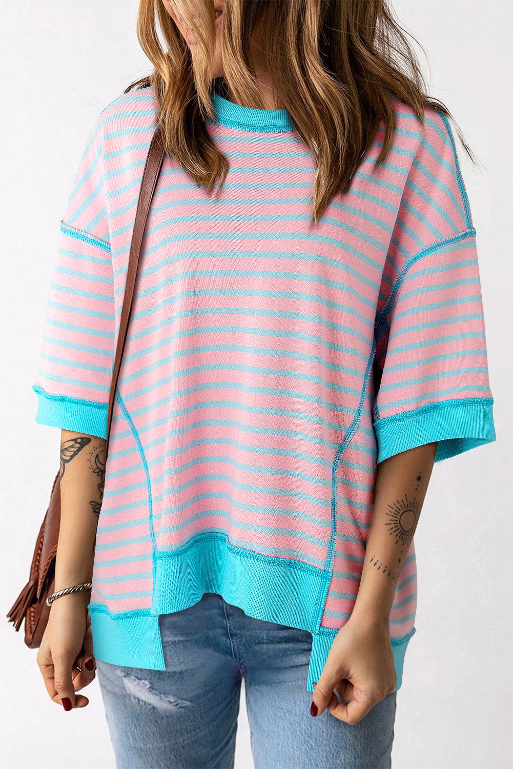 Stripe Oversized Contrast Trim Exposed Seam High Low T Shirt