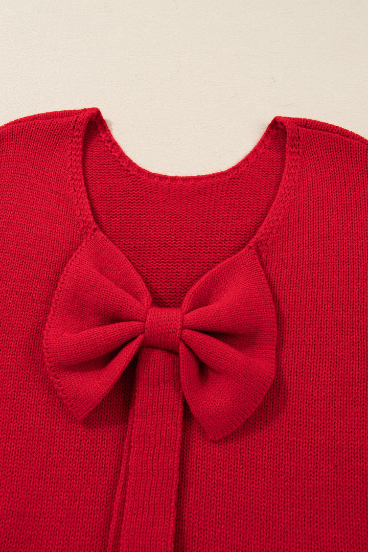 Fiery Red Festive Bow Backless Bubble Sleeve Sweater