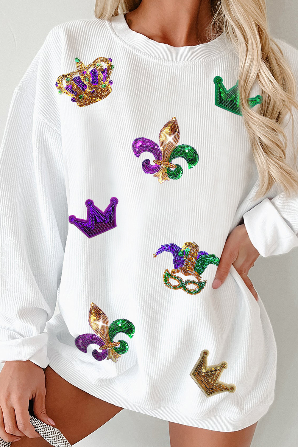 White  Mardi Gras Symbol Crown Mask Patched Corded Sweatshirt
