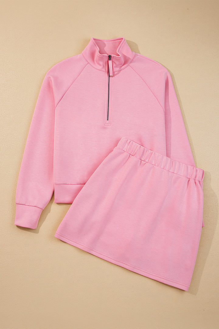 Pink Half Zip Sporty Pullover Mini Skirt 2pcs Outfit