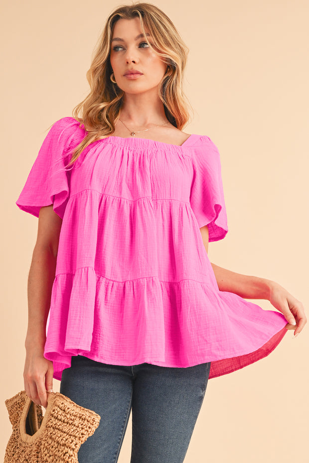 Pink Crinkled Flounce Sleeve Tiered Blouse