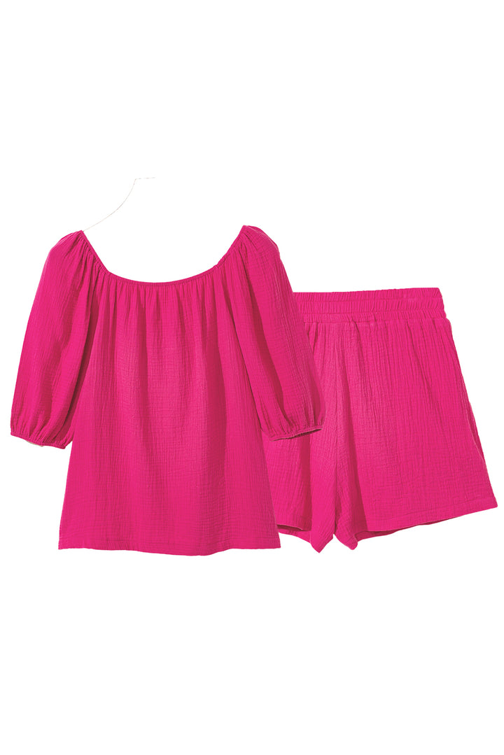 Bright Pink Crinkled Textured Square Neck Puff Sleeve and Shorts Set