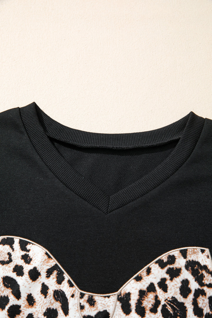 Leopard Bow Patched V Neck Loose Tee Drawstring Shorts 2pcs Outfit