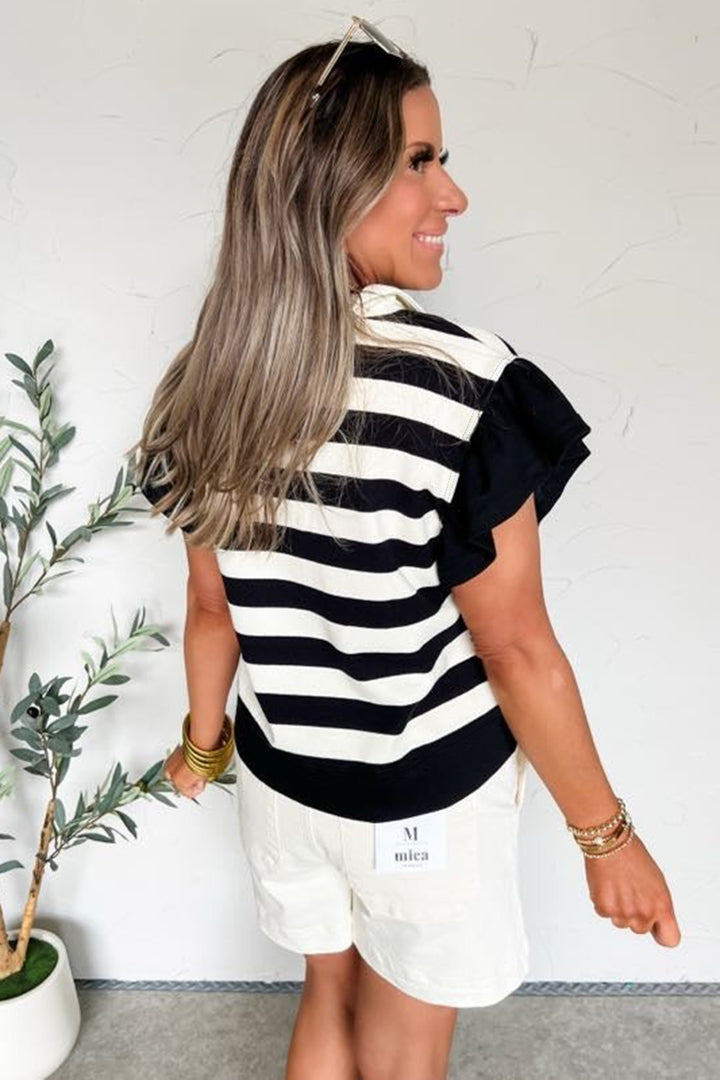 Stripe Collar V Neck Ruffled Short Sleeve Blouse