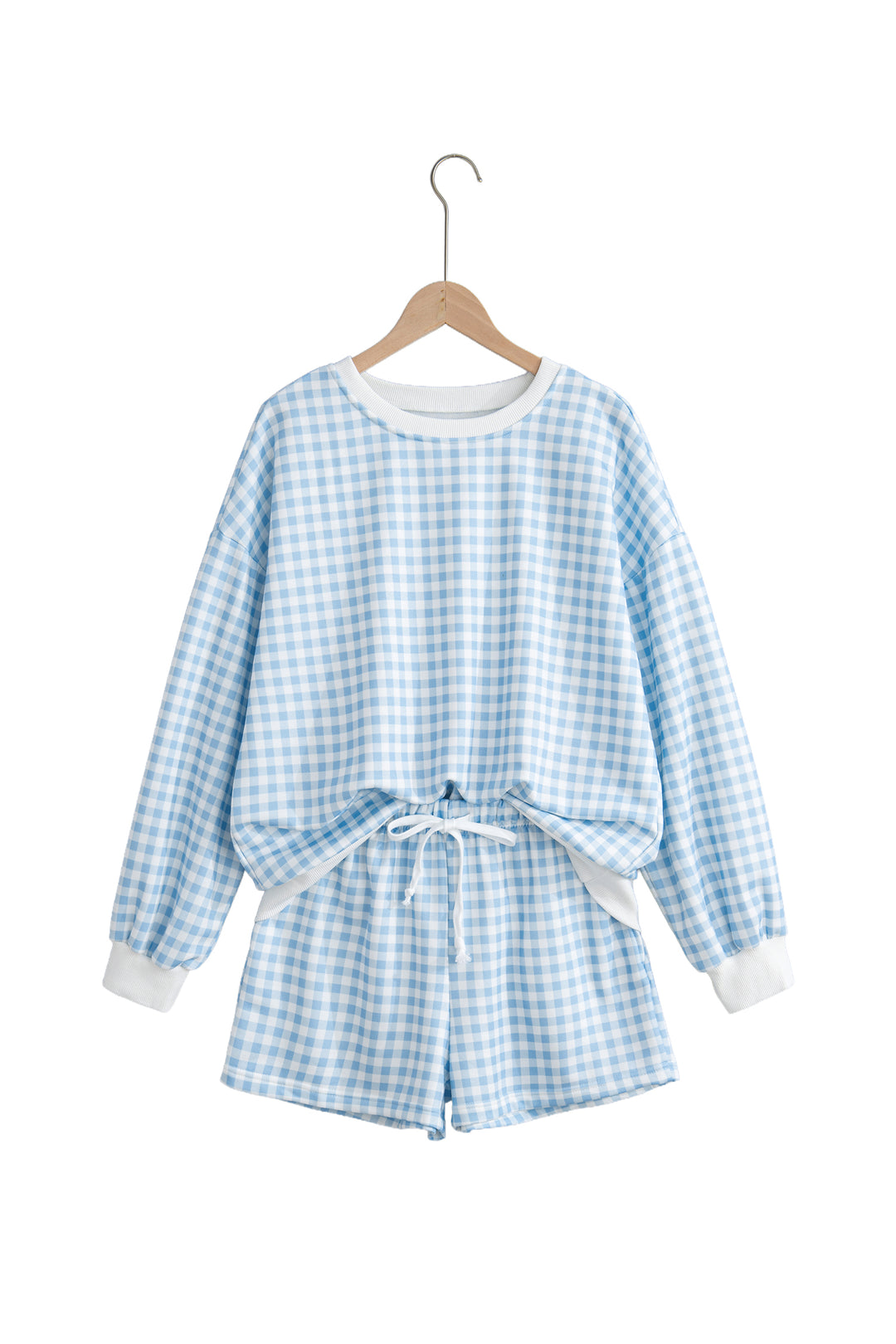 Plaid Baggy Pullover Drawstring Casual Shorts 2pcs Outfit