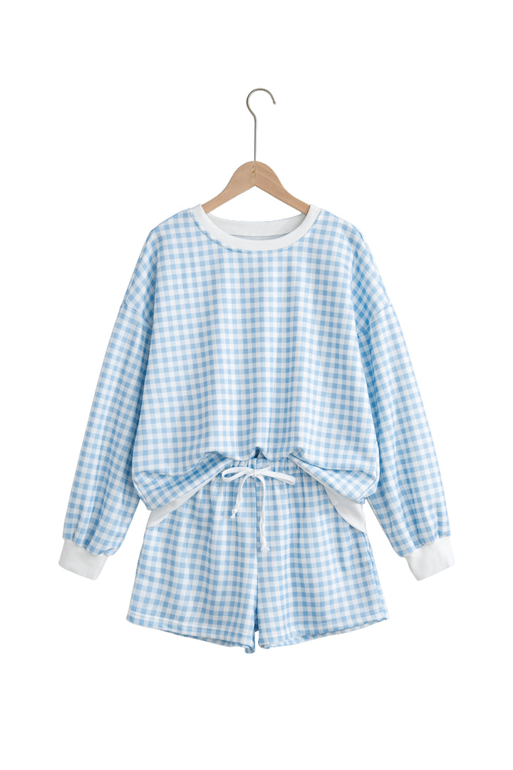 Plaid Baggy Pullover Drawstring Casual Shorts 2pcs Outfit