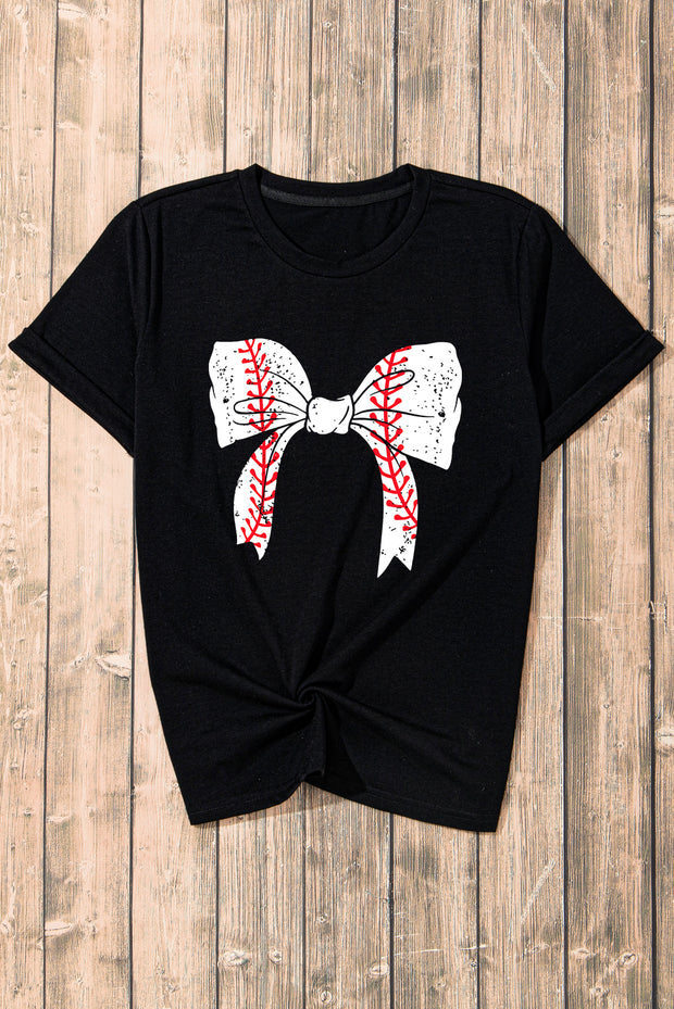 a t - shirt with a baseball on it with a bow