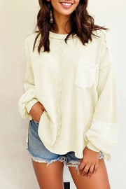 Pink Exposed Seam Patchwork Bubble Sleeve Waffle Knit Top - White / L / 62.7%Polyester+37.3%Cotton